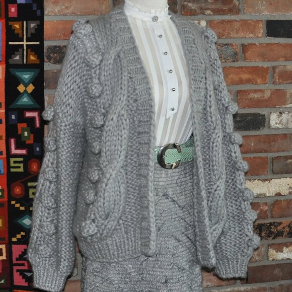 Goodnight Macaroon Grey Open Sweater Pom Pom Chunky Knit Cardigan Wool Blend OS - Picture 1 of 5